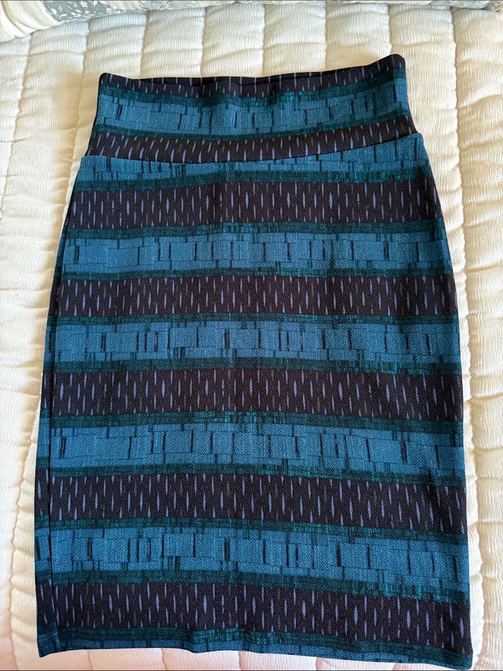 LuLaRoe Cassie Teal and Black Striped Knit Pencil Skirt